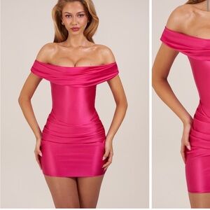 Oh Polly Off-Shoulder Fuchsia Mini Dress